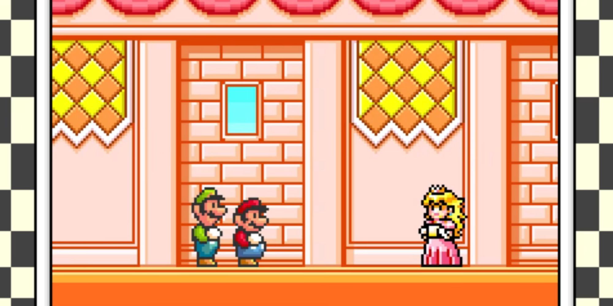 Peach reads a letter to Mario and Luigi in her castle in Super Mario Advance 4