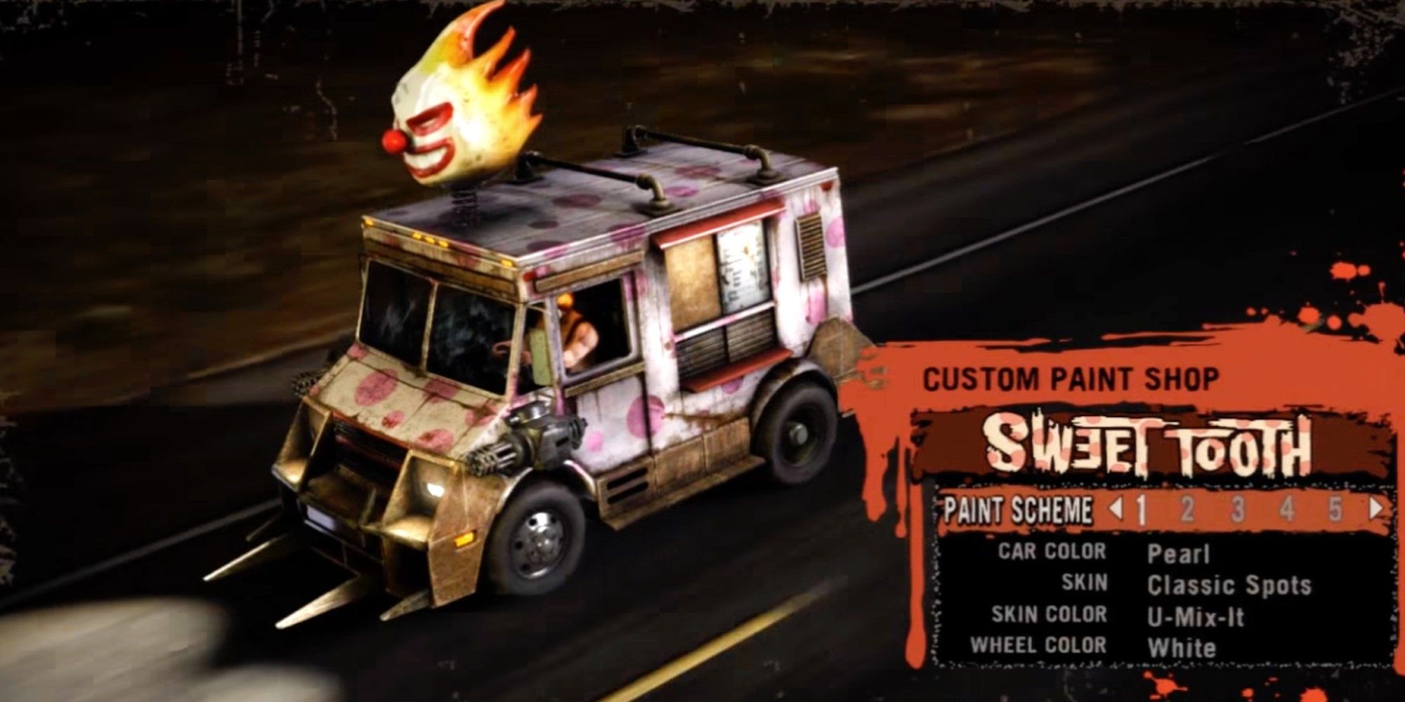 Sweet Tooth vehicle driving down a road - Twisted Metal