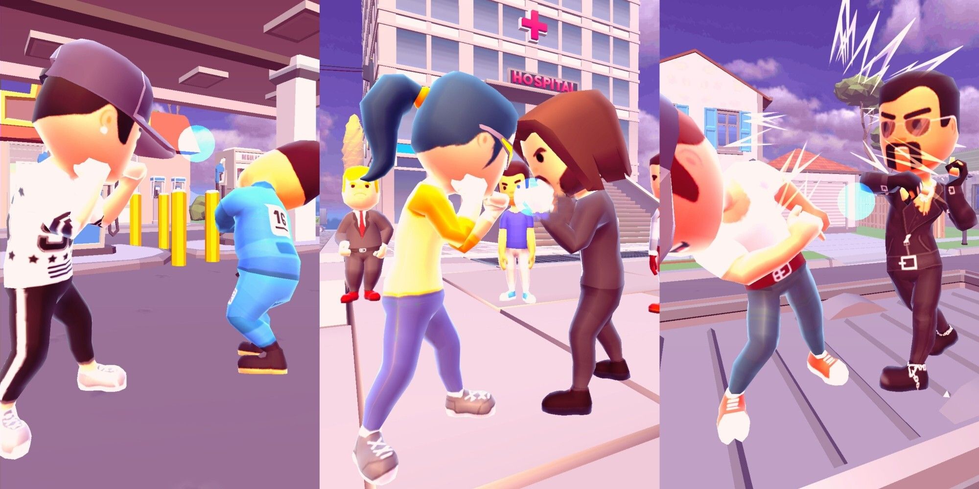 Swipe Fight! split image of characters fighting each other in different locations