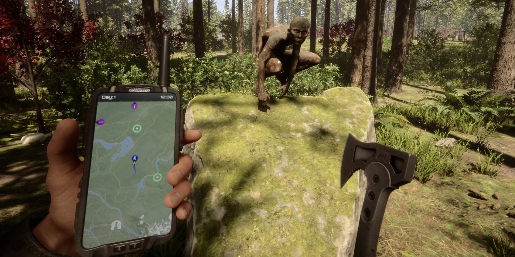 An image of a tactical ax from Sons Of The Forest, the player is holding this weapon while looking at a cannibal sitting on a rock.