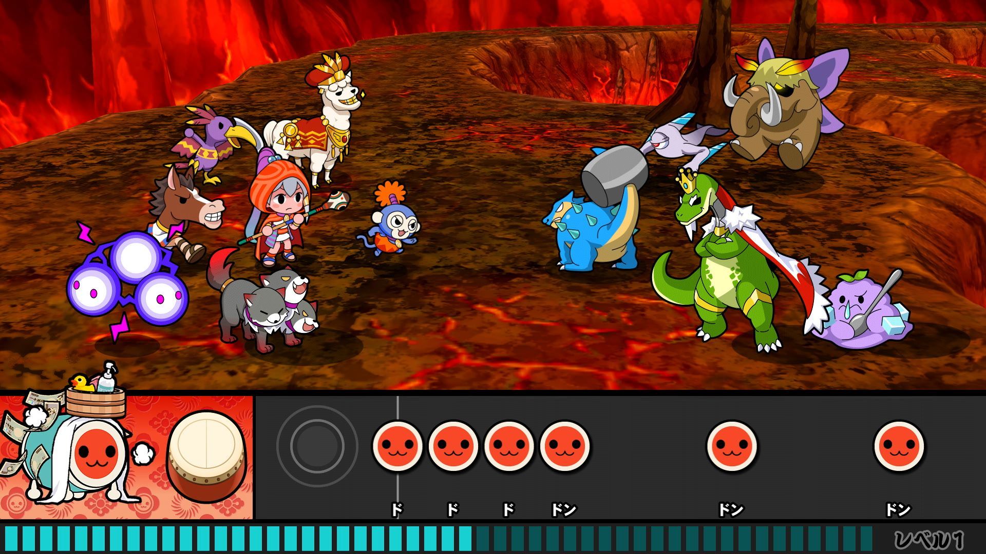 Don-chan, Tia, Popo Kaka, and a team of friends fight a monster horde inside a magma filled cavern in Taiko No Tatsujin: Rhythmic Adventure 2.