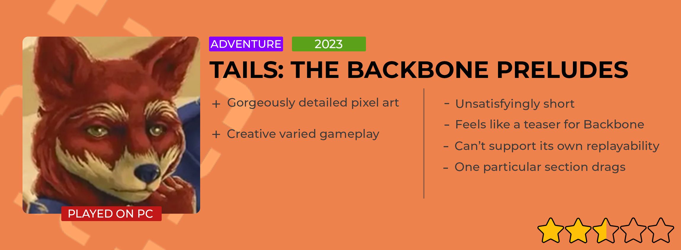 Tails The Backbone Preludes review card giving it a 2.5/5.