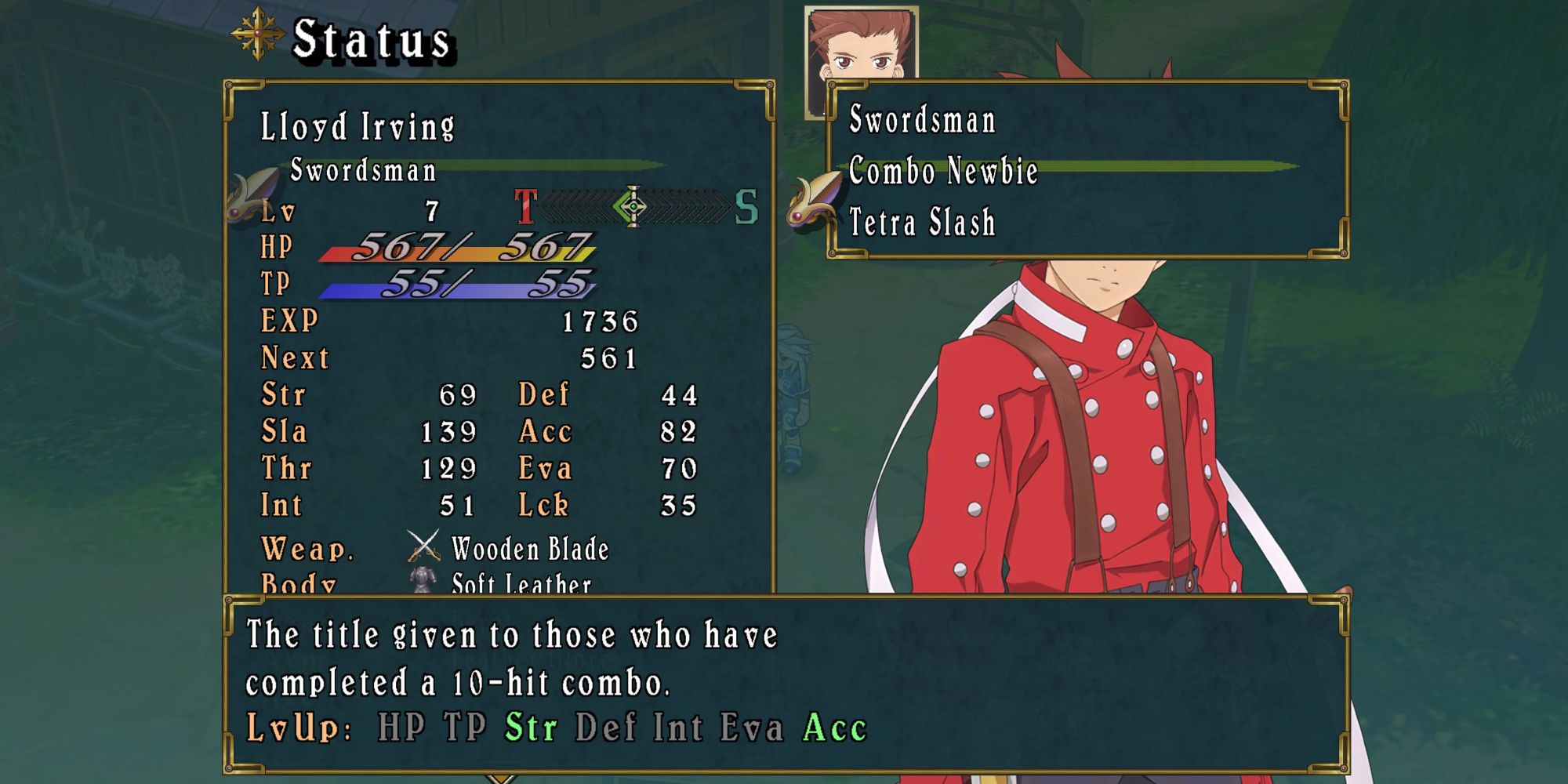 Equipping the Combo Newbie Title on Lloyd, increasing his Strength and Accuracy Stats in Tales of Symphonia Remastered