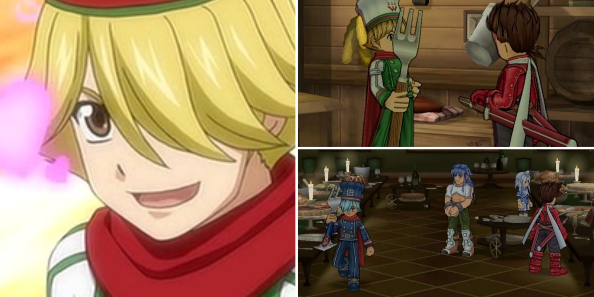A collage of images with the leftmost one being of the Wonder Chef from Tales of Symphonia The Animation: Tethe'alla-hen Specials (Anime). The top right is Lloyd discovering the Wonder Chef in Tales of Symphonia Remastered. The bottom right is another image from the game, showcasing the cookoff between Regal and the Dark Chef.