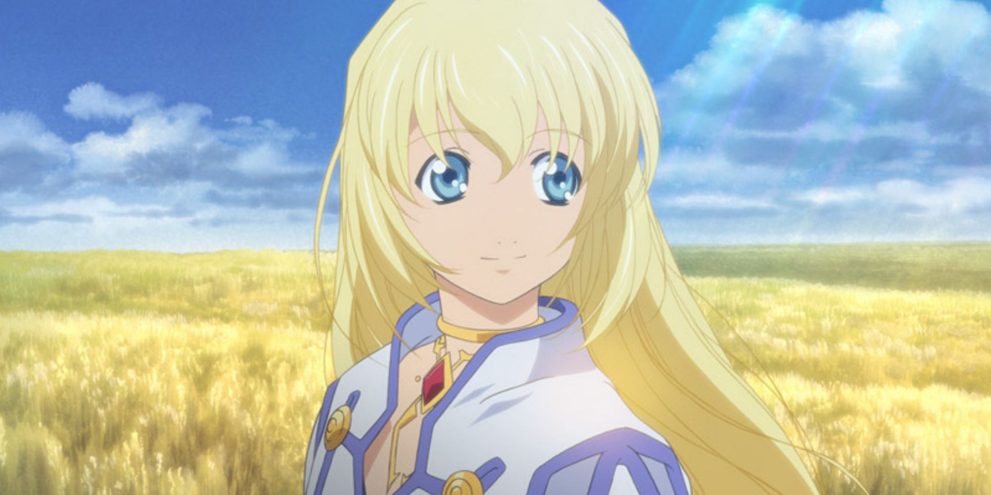 An image of Colette from Tales of Symphonia Remastered, standing in front of a field underneath a bright blue sky.