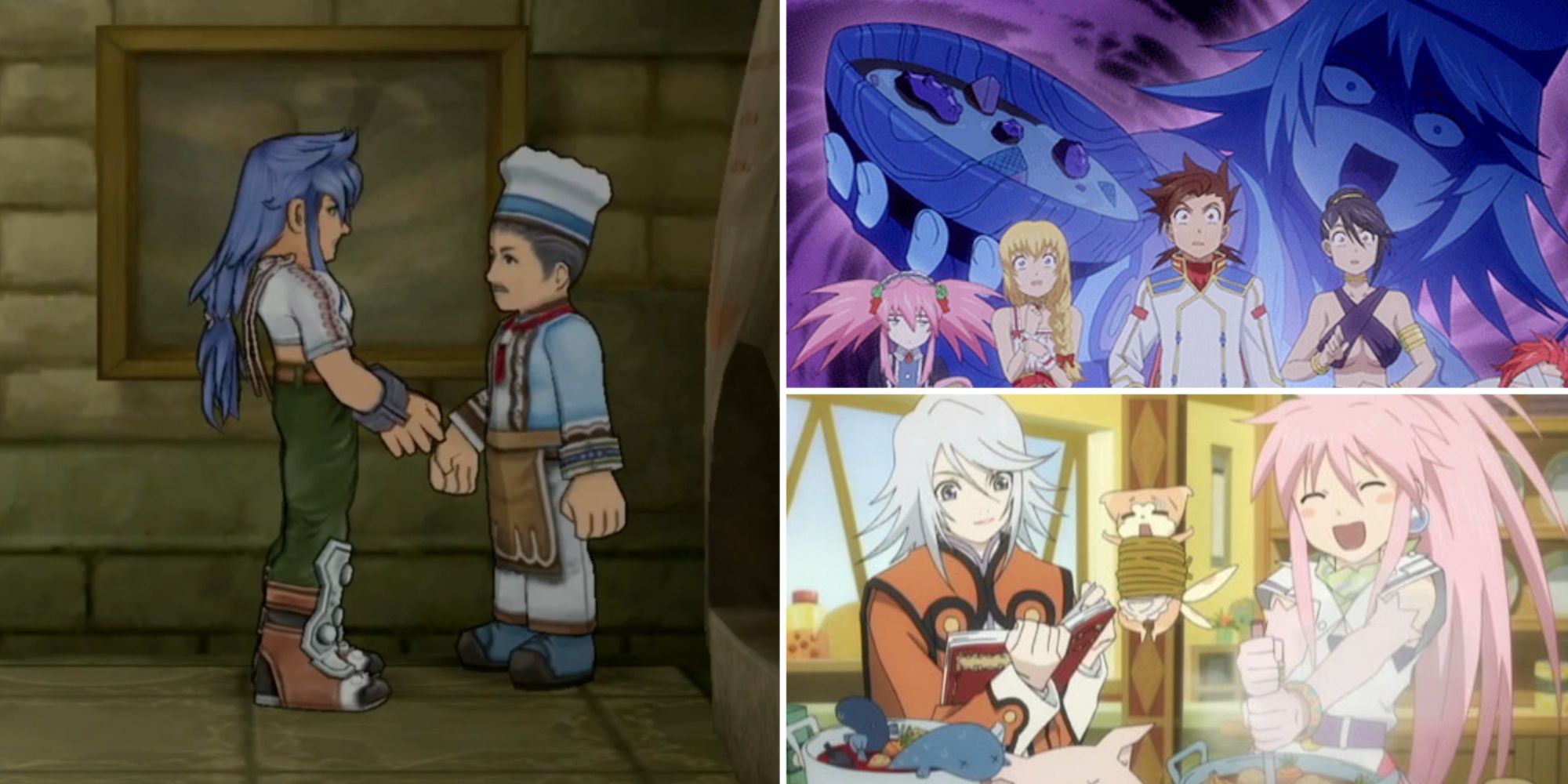 A collage of images with the leftmost one being of Regal speaking to a Chef in Tales of Symphonia Remastered. The other two images are from Tales of Symphonia The Animation: Tethe'alla-hen (Anime), with the Top Right one being of Raine offering her cooking to a group of horrified party members. The Bottom Right image is of Raine and Presea cooking together in the kitchen.