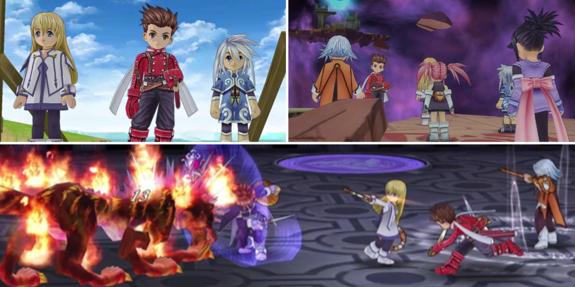 A collage of images from Tales of Symphonia Remastered. The top left image showcases Colette, Lloyd, and Genis standing on a bridge. The top left image showcases the main party standing near the edge of a ruin. And the bottom image is the party in an encounter, with Colette and Raine casting Spells and Lloyd and Kratos rushing in toward the monster to attack.