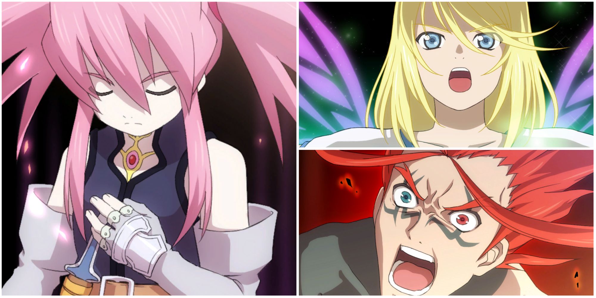 A collage of images showcasing the Cut-Ins from Character's Mystic Artes in Tales of Symphonia Remastered. The leftmost image is of Presea with her left hand over her heart. The top right is of Colette sprouting her wings with a determined look on her face. The bottom right is of the boss Abyssion performing his Holy Blade Mystic Arte.
