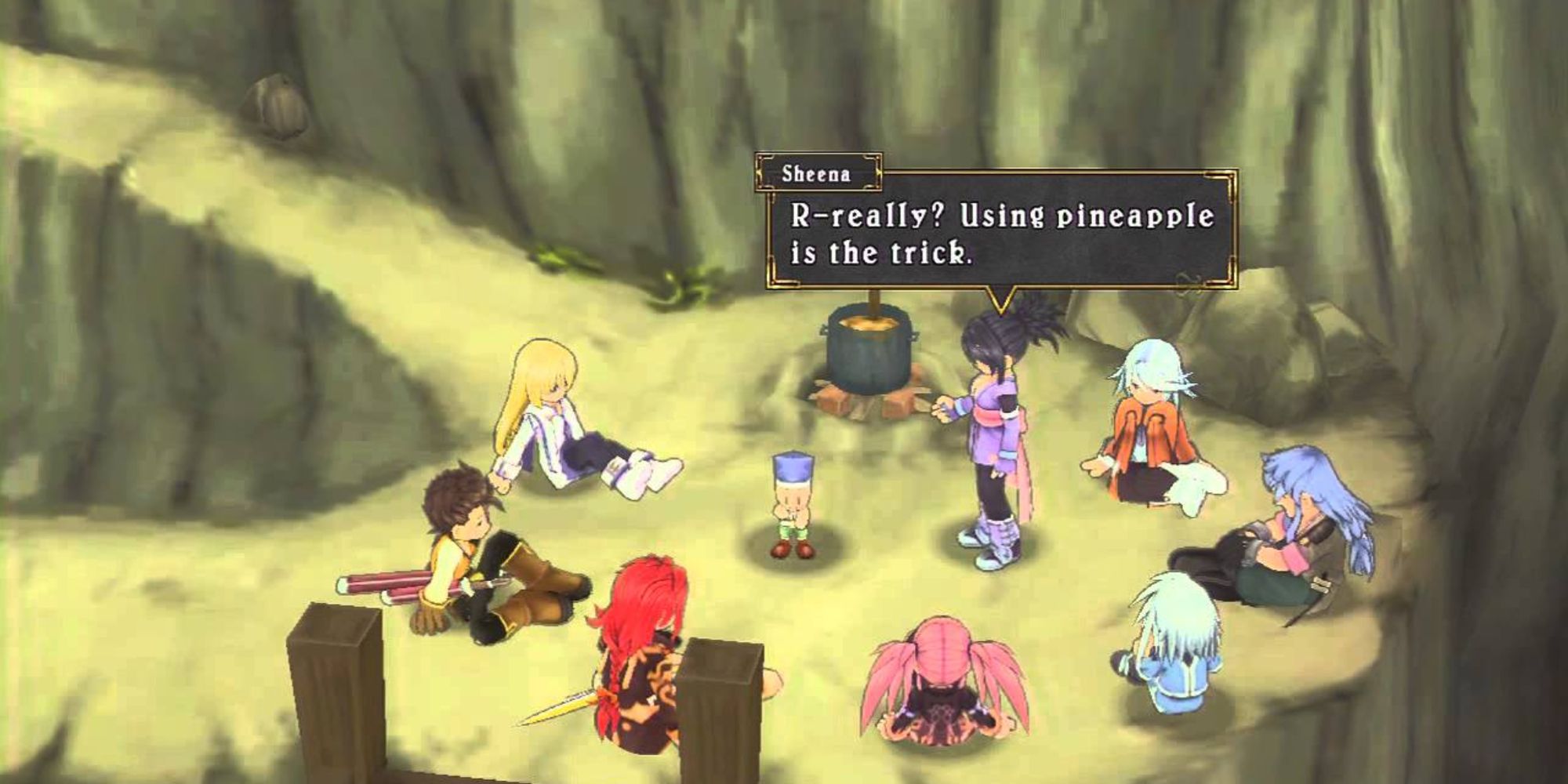 A full Party of Playable Characters gathered on a cliffside cooking food in Tales of Symphonia Remastered