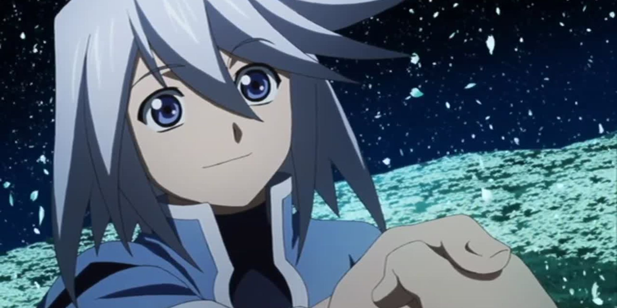 An image of Genis from Tales of Symphonia Remastered, holding onto someone's hand in a field of white flowers underneath a starry, night sky.
