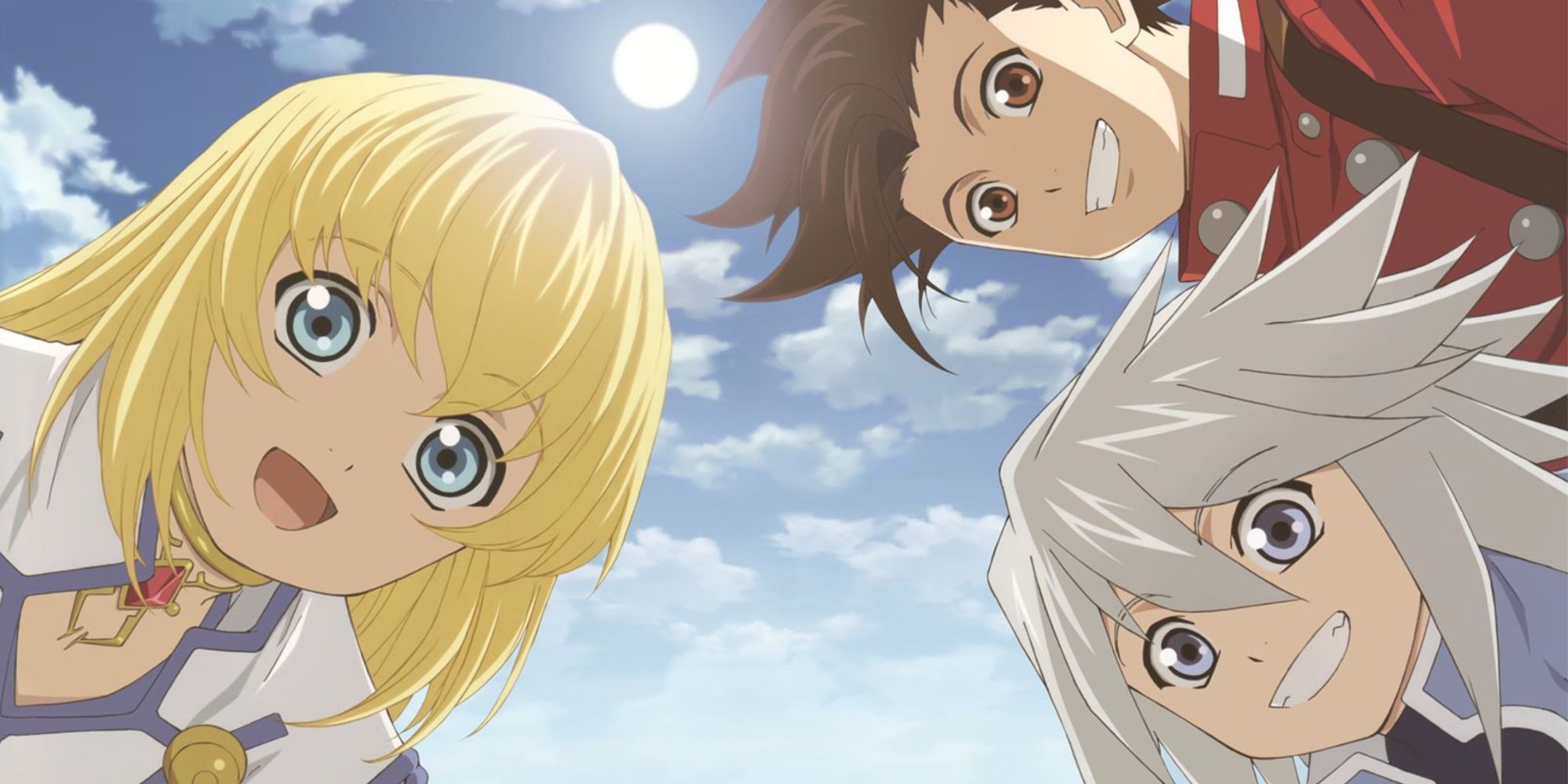 An image showing Colette (Blonde Hair), Genis (White Hair), and Lloyd (Brown Hair) from Tales of Symphonia Remastered leaning over the camera and smiling.