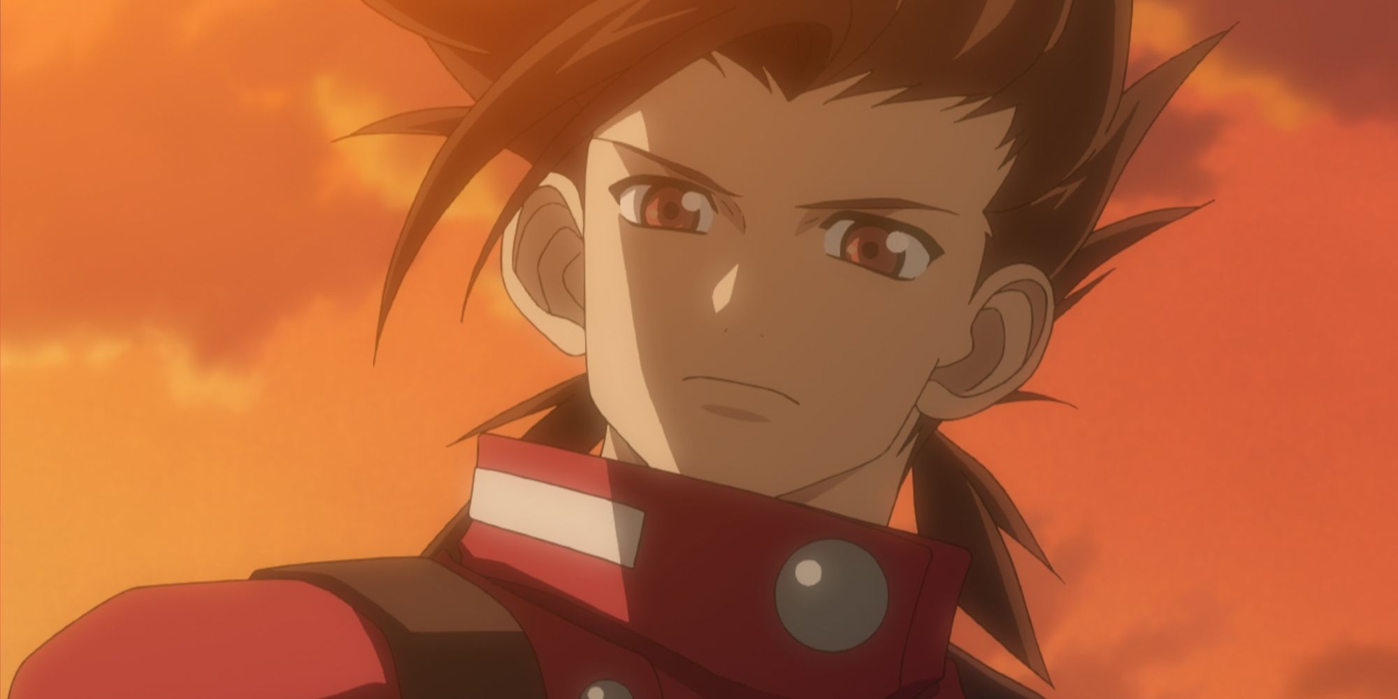 An image of Lloyd from Tales of Symphonia in front of an orange sky, with a sad expression on his face.