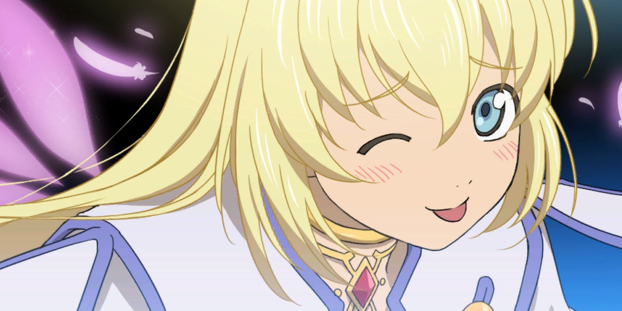 An image of Colette's Mystic Arte cut-in from Tales of Symphonia Remastered, where she poses by sticking her tongue out and winking.