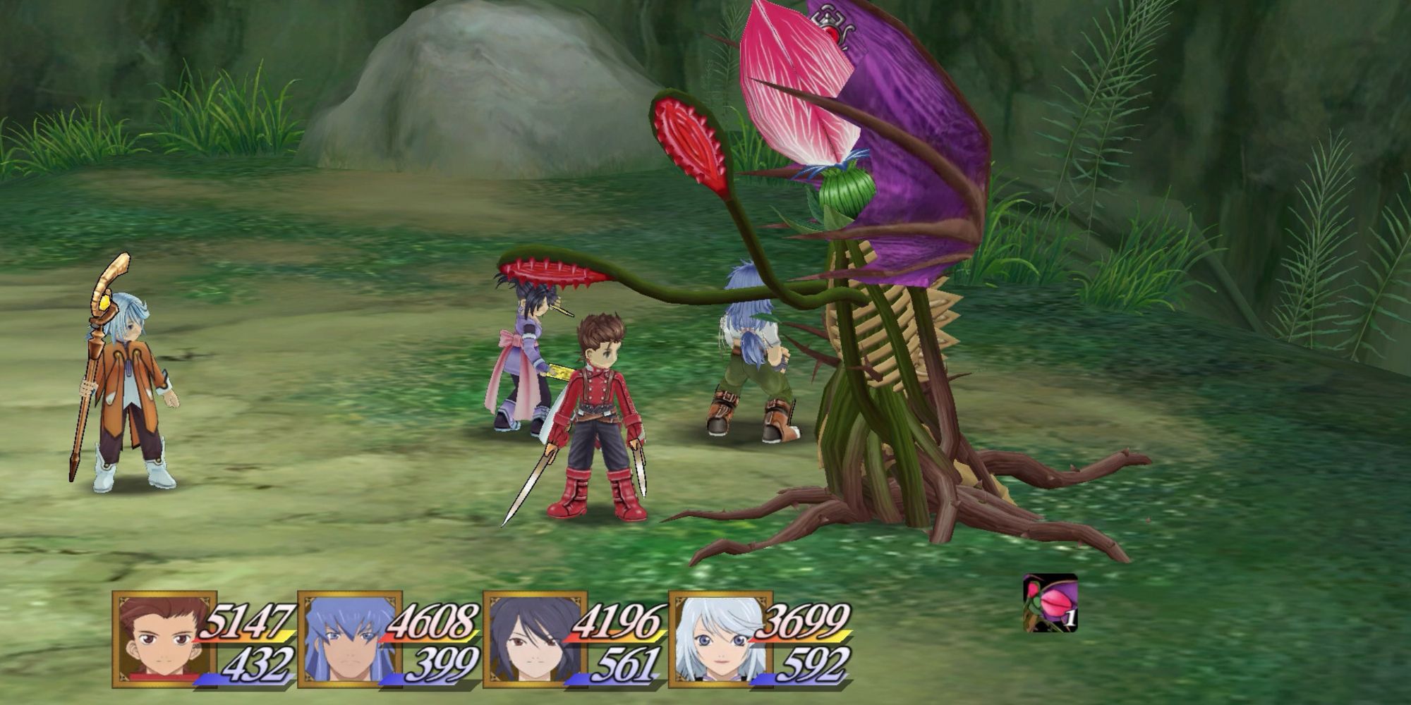 All characters standing idly in front of the Plantix boss in Tales of Symphonia Remastered