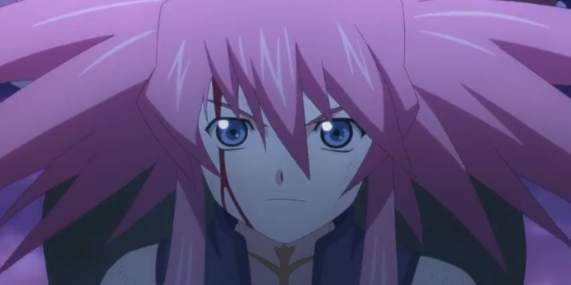 An image of Presea from Tales of Symphonia Remastered, looking straight ahead with a look of determination as blood runs down the right side of her face.