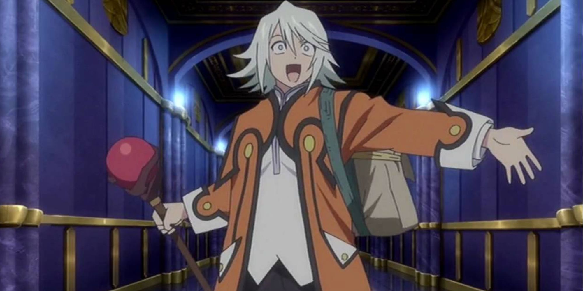 An image of Raine from Tales of Symphonia Remastered, gesturing wildly in the halls of a building.