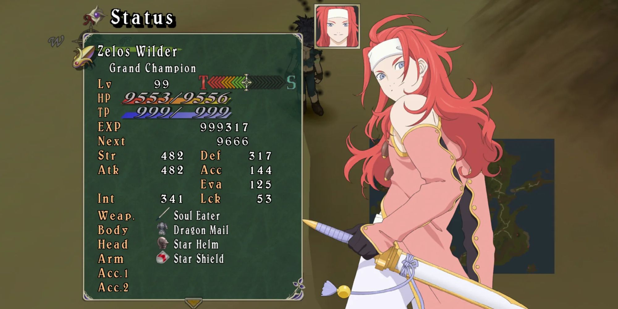 The Stat Sheet of Zelos from Tales of Symphonia Remastered, showcasing his Soul Eater Devil's Arm