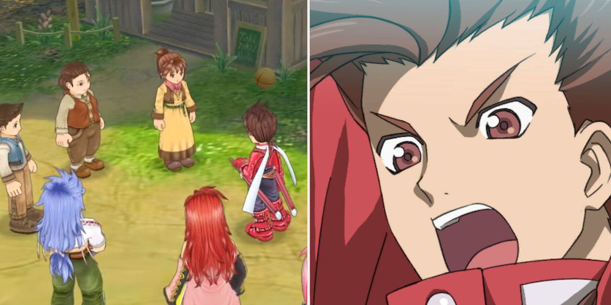 Split image with two photos. The left is the characters speaking during a cutscene. They're in a town. The right photo is a close up of Lloyd.
