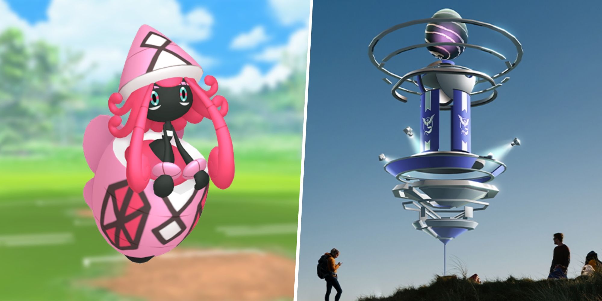 Image of Tapu Lele split with an image of people around a Pokemon Go Raid