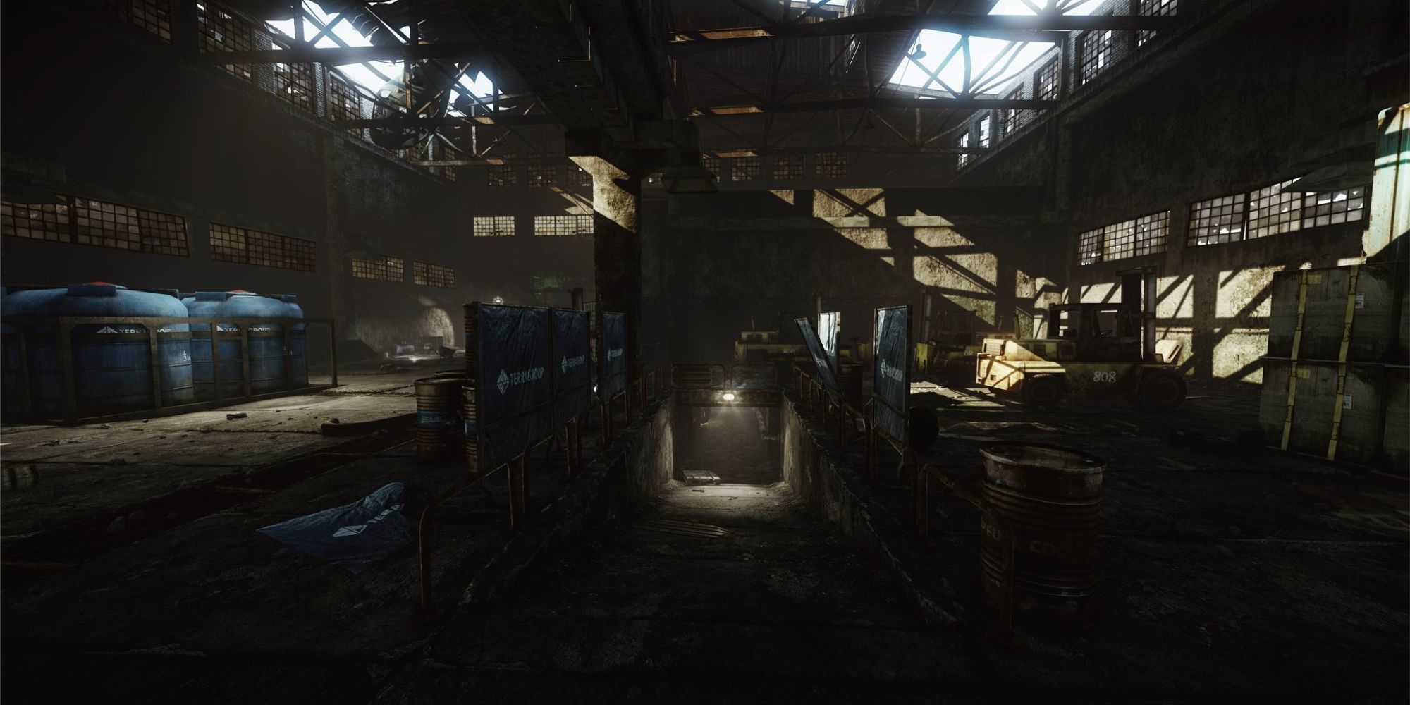 escape from tarkov inside of dark factory area with industrial equipment everywhere