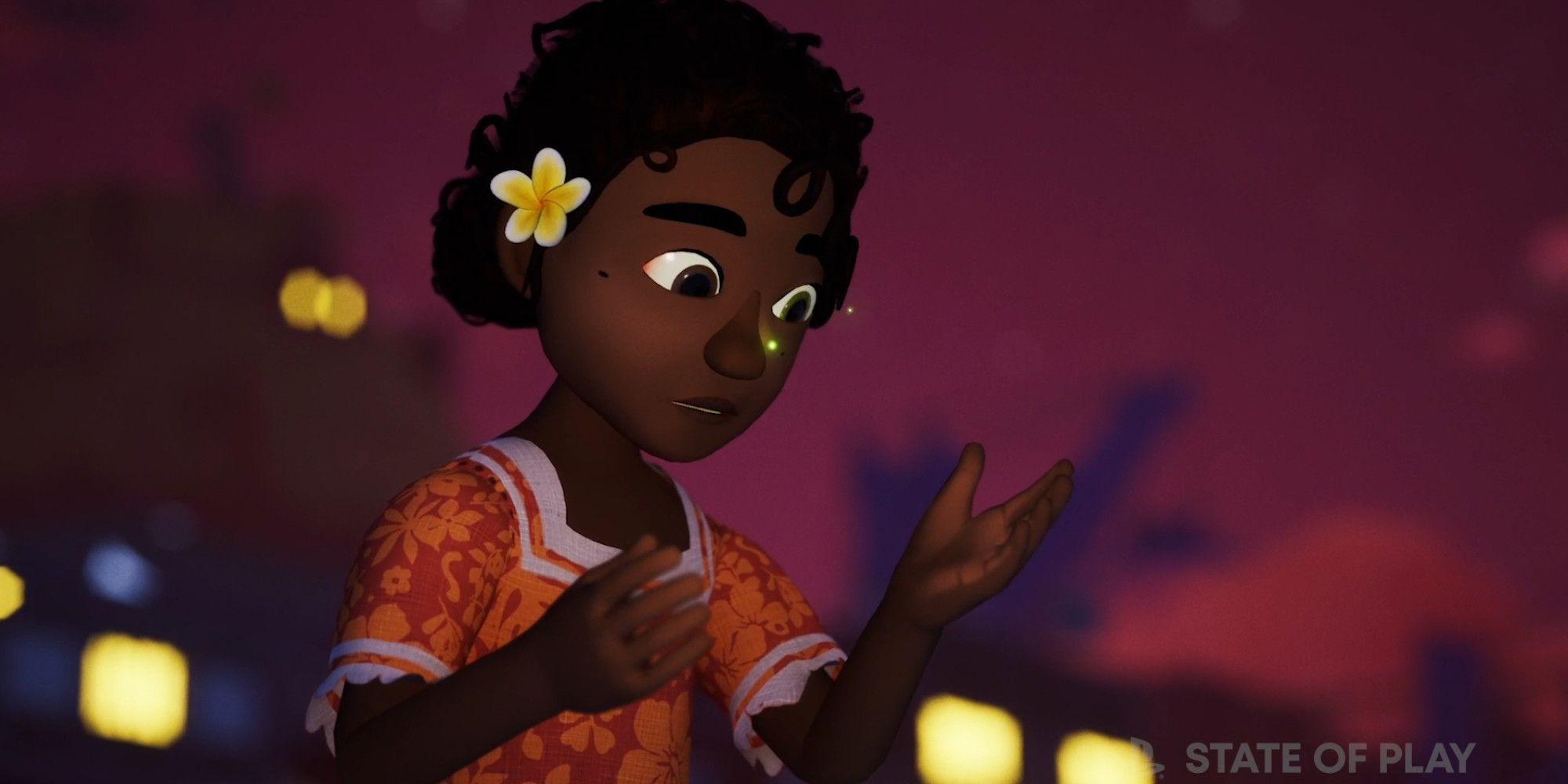 tchia the titular character is looking at fireflies in her hands