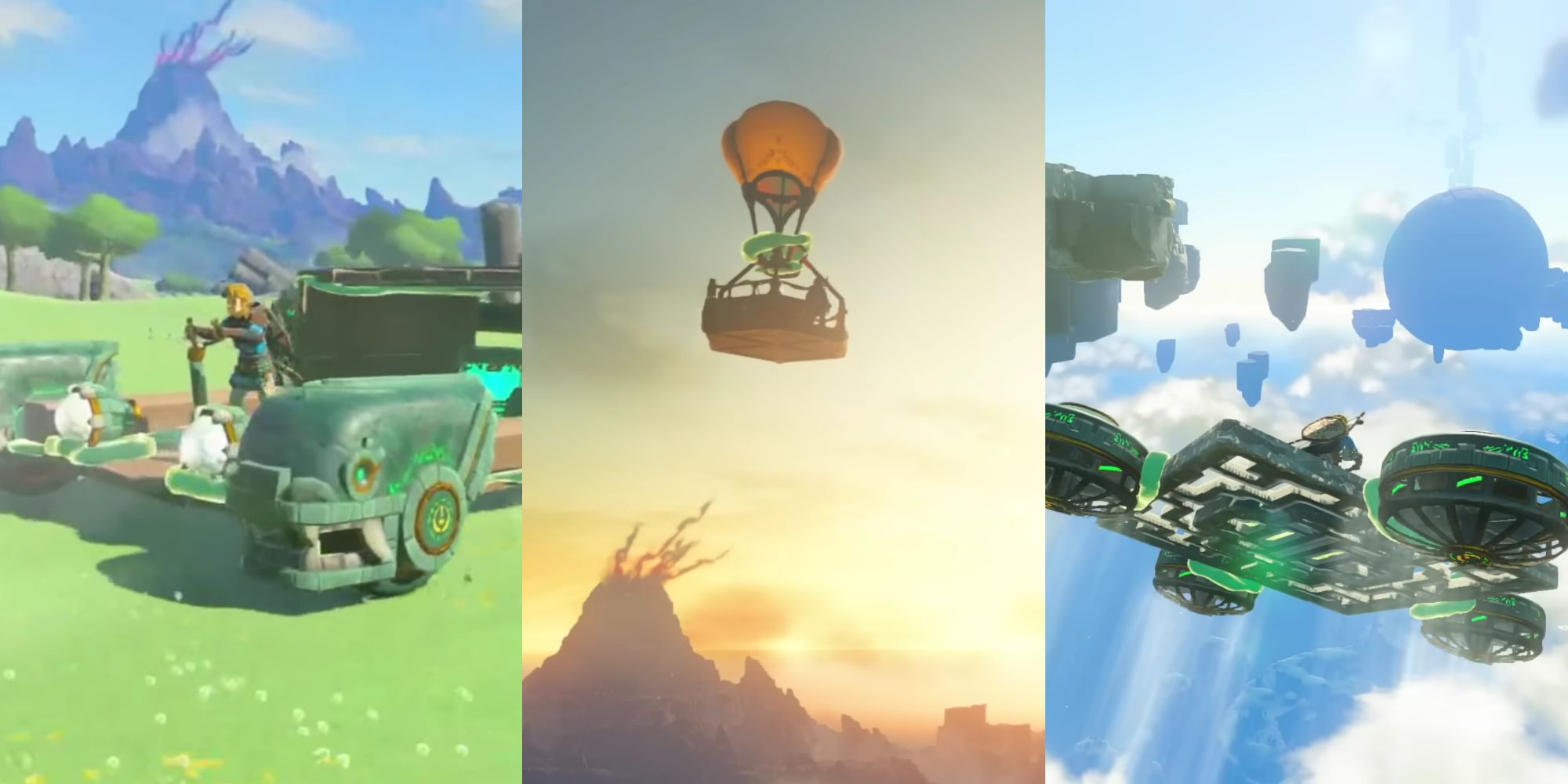 Tears of the Kindgom collage of screenshots showing the three vehicles, featuring the car-like vehicle (left), a hot air balloon (center), and a flying platform (right)