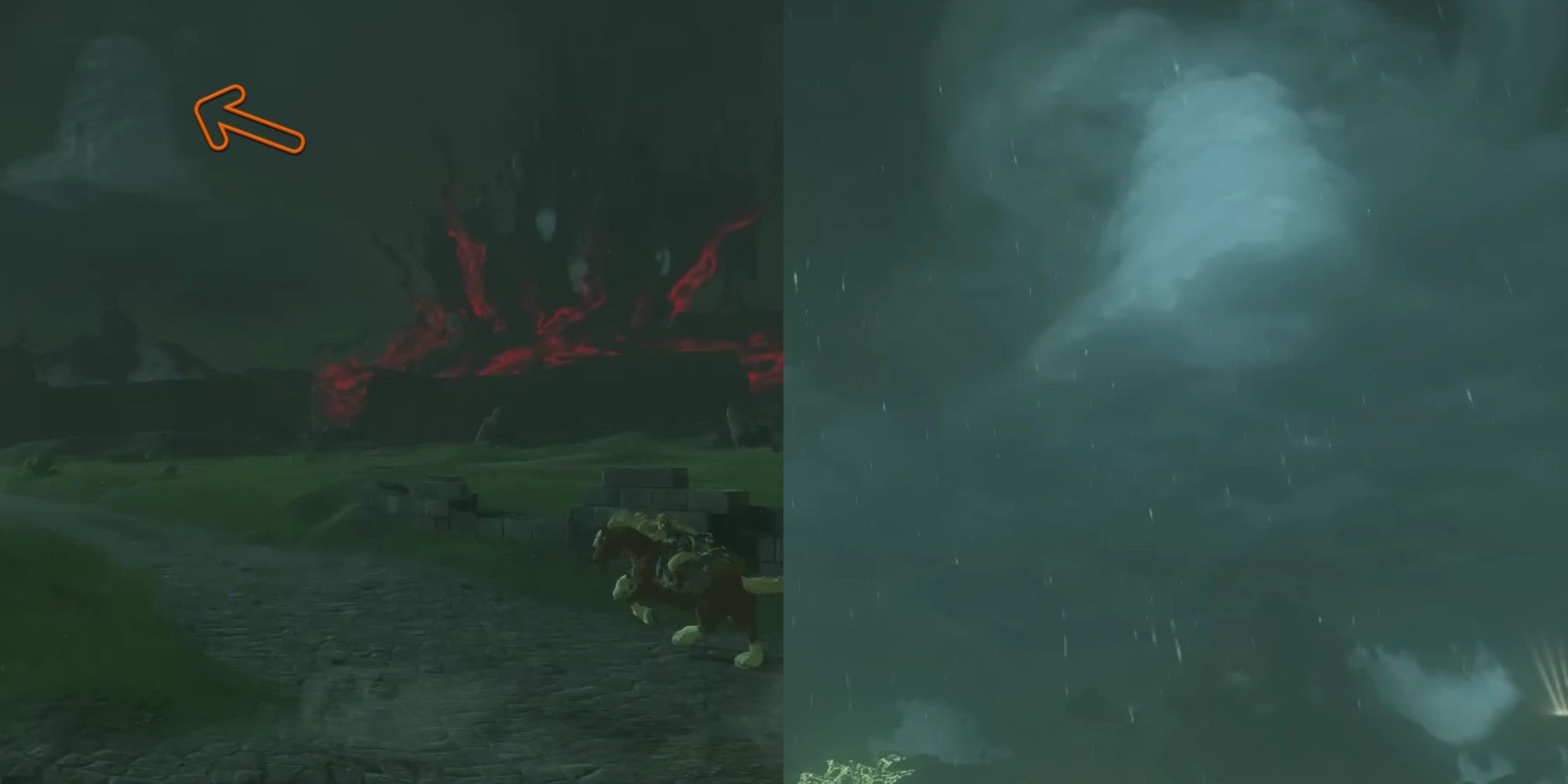 Tears of the Kingdom screenshots showing an orange arrow pointing toward a cyclone hovering above Hyrule as Link rides a horse past Hyrule Castle (left), along with a close up of that same cyclone (right)