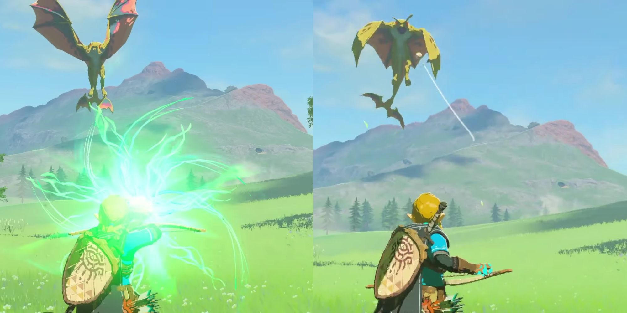 Tears of the Kingdom screenshot showing Link charging up an arrow with a glowing green energy as he aims at a flying creature (left), and Link's arrow homing in on the creature after being fired( right)