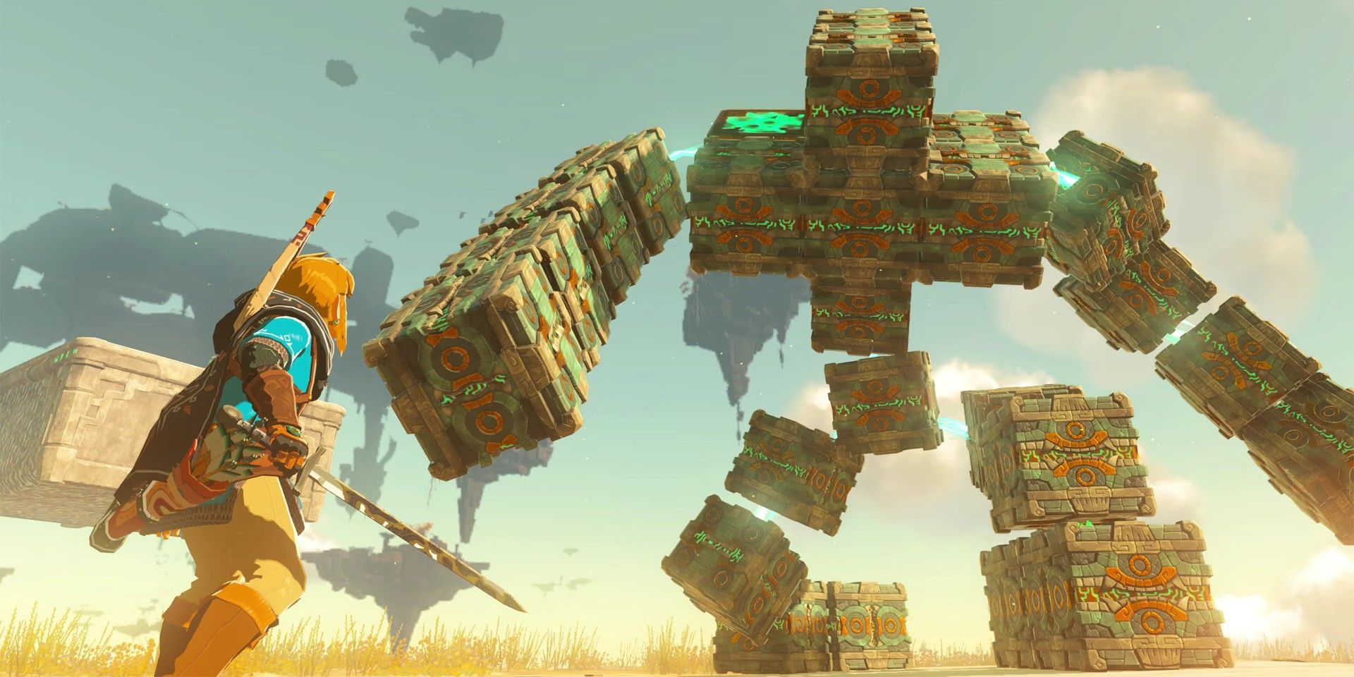 Tears of the Kingdom screenshot of Link on top of a sky island, fighting a large stone golem-like creature make of various blocks