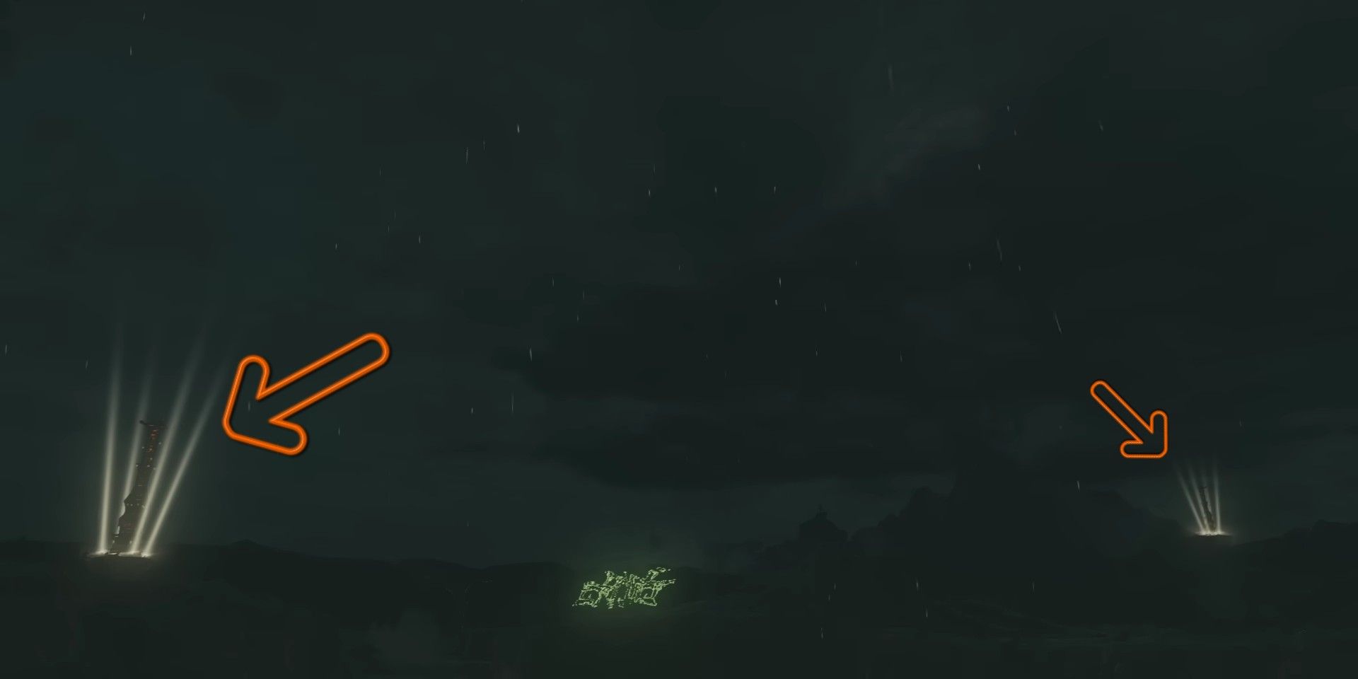 Tears of the Kingdom screenshot featuring orange arrows pointing toward two glowing towers