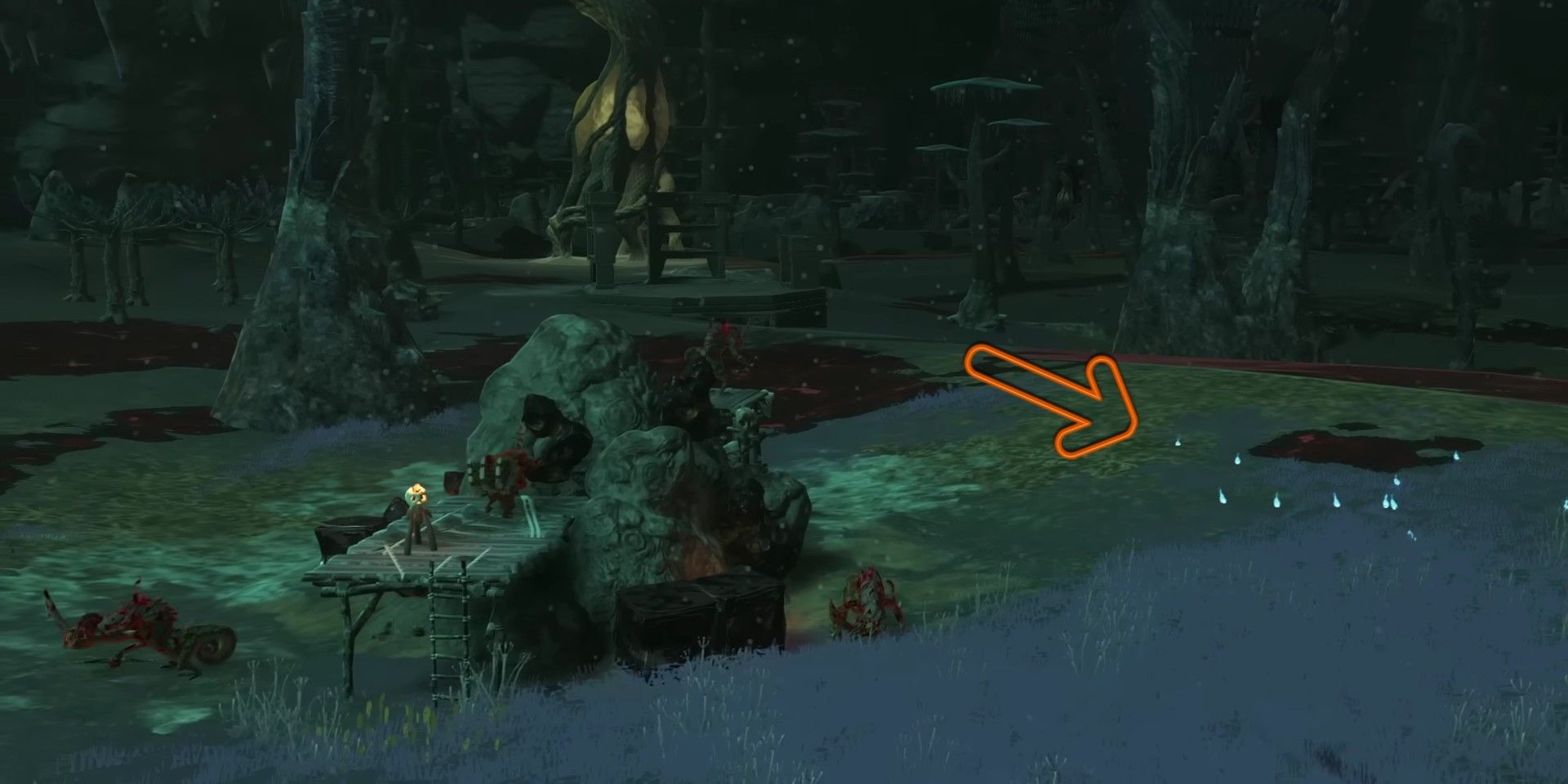 Tears of the Kingdom screenshots showing Bokoblins mining underground, with an arrow pointing toward a collection of glowing blue spirits on the ground next to them