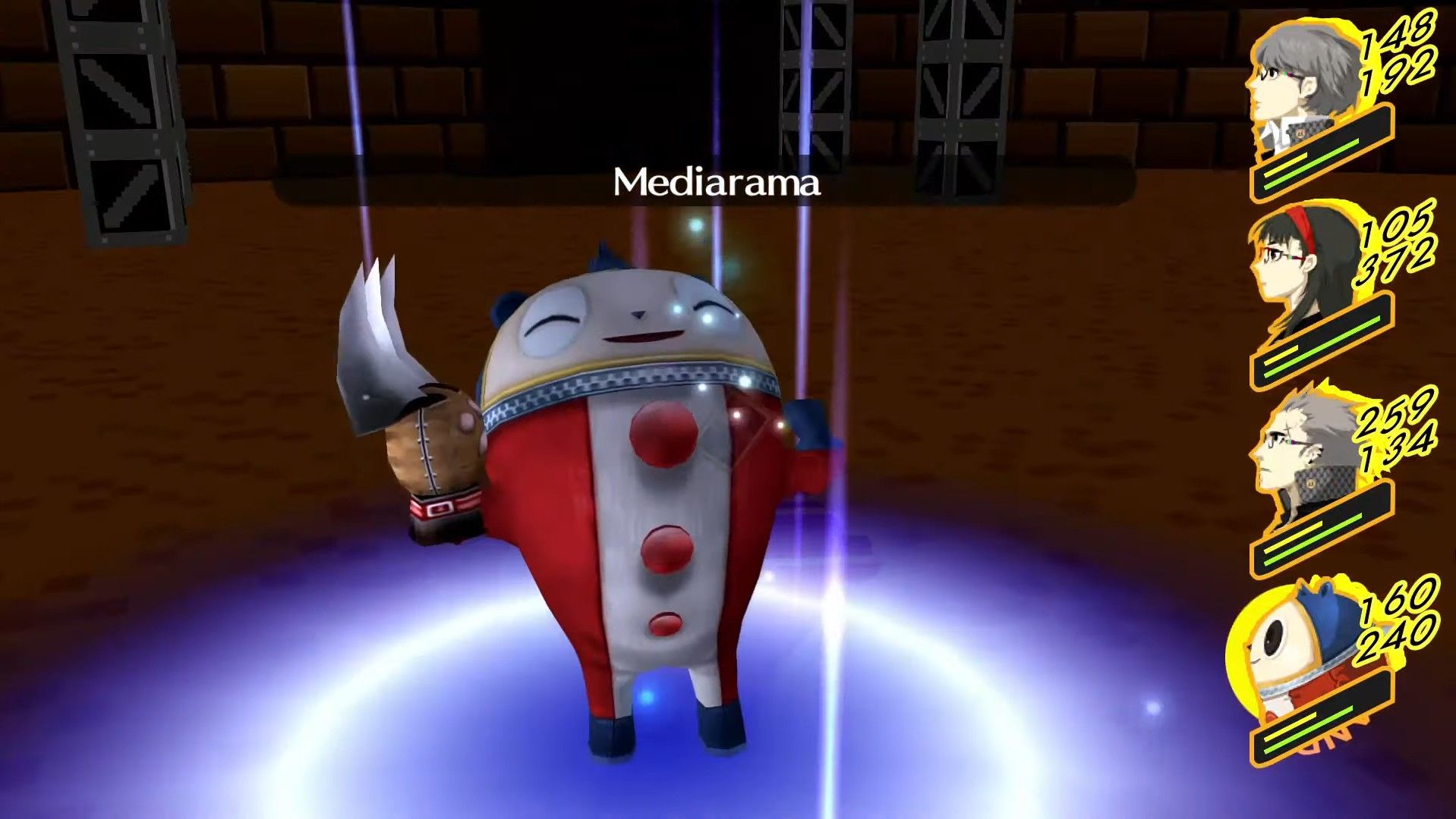 teddie casting mediarama to heal the party during the shadow mitsuo fight in persona 4 golden