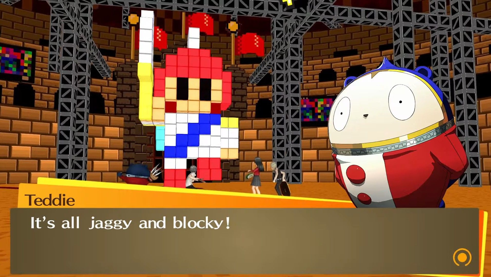 teddie commenting on the pixelation effect on the 8-bit hero in shadow mitsuo's boss fight in persona 4 golden