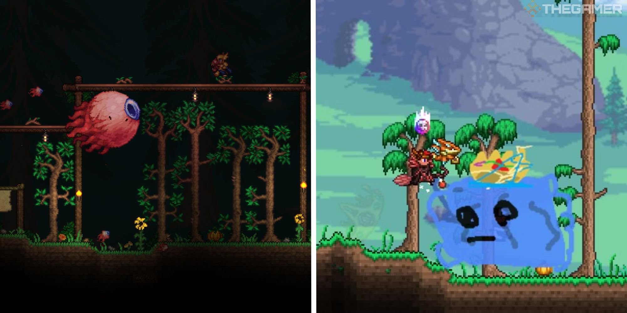 split image showing two texture packs in terraria