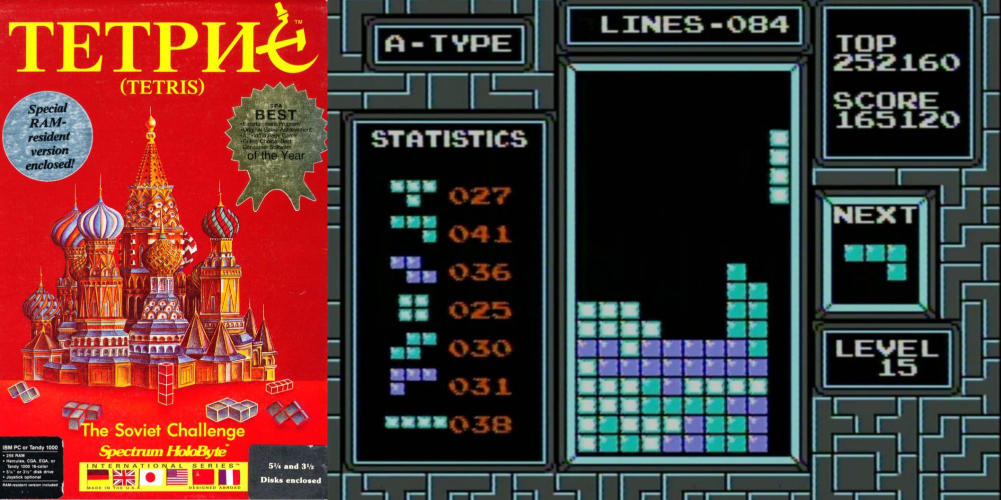 The original Tetris cover art and a screenshot of the game