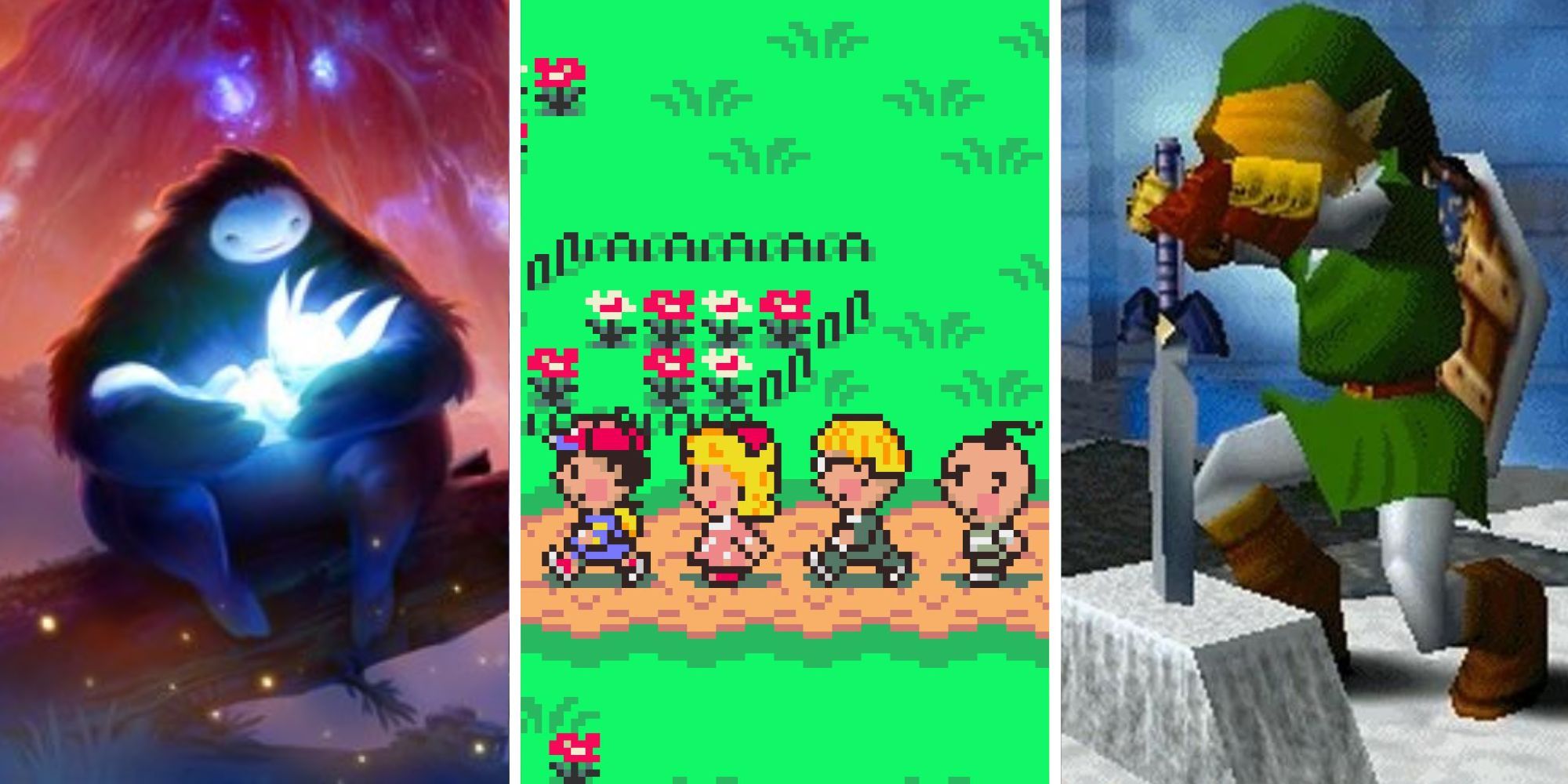 Split image of Ori and the Blind Forest, Earthbound, and The Legend of Zelda.