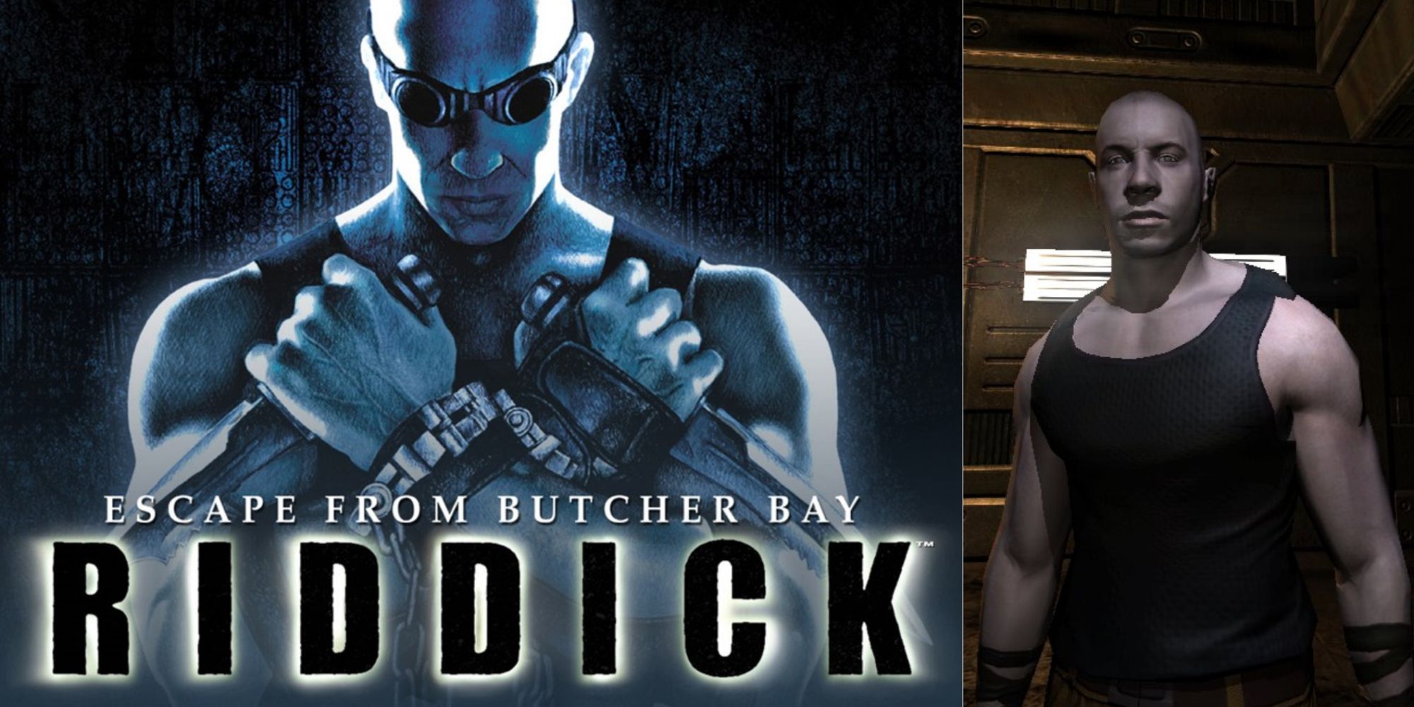 The Chronicles of Riddick escape from butcher bay cover art and a screenshot from the game.