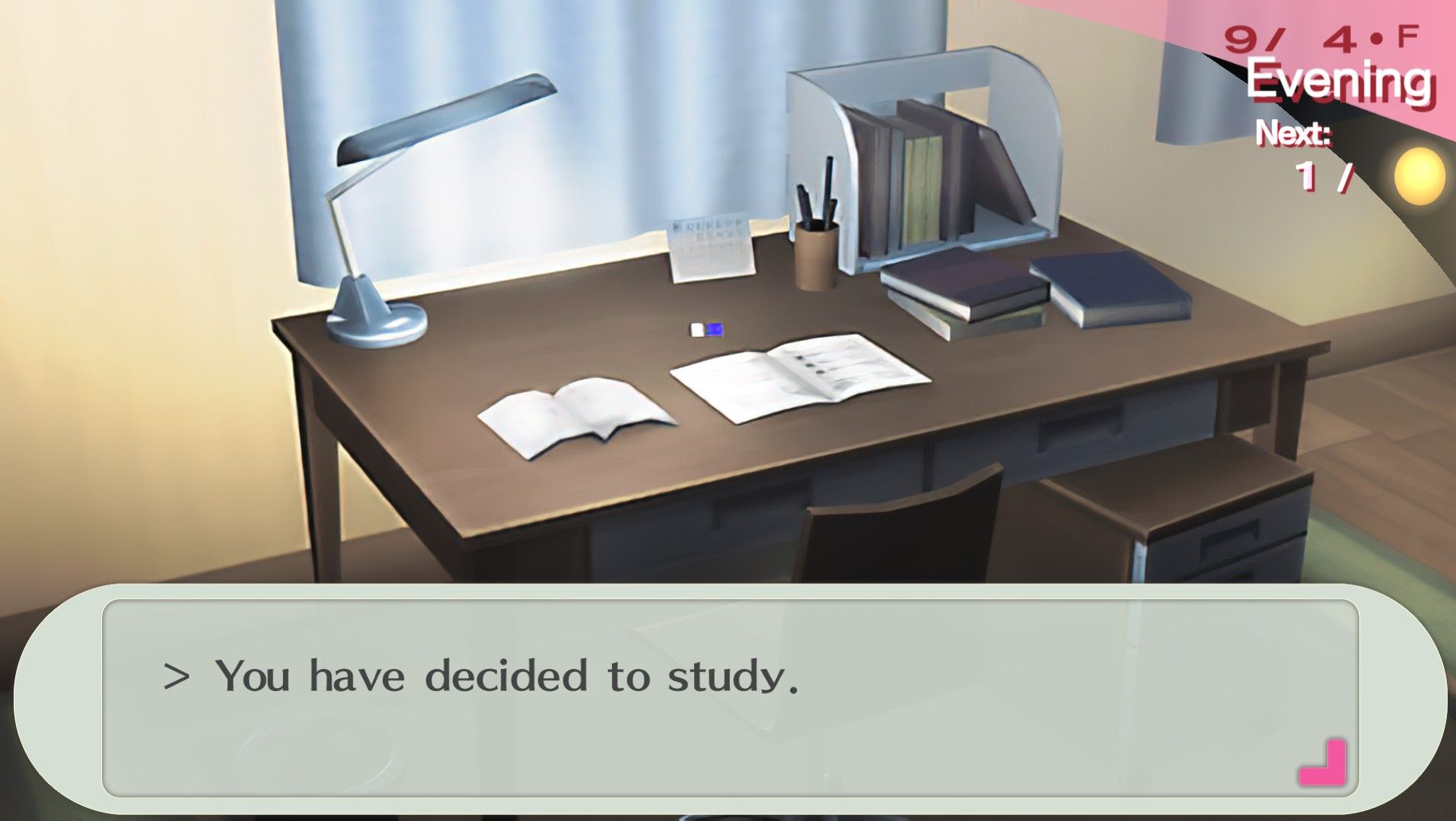 the desk in the female protagonist's room as she's studying before bed in persona 3 portable