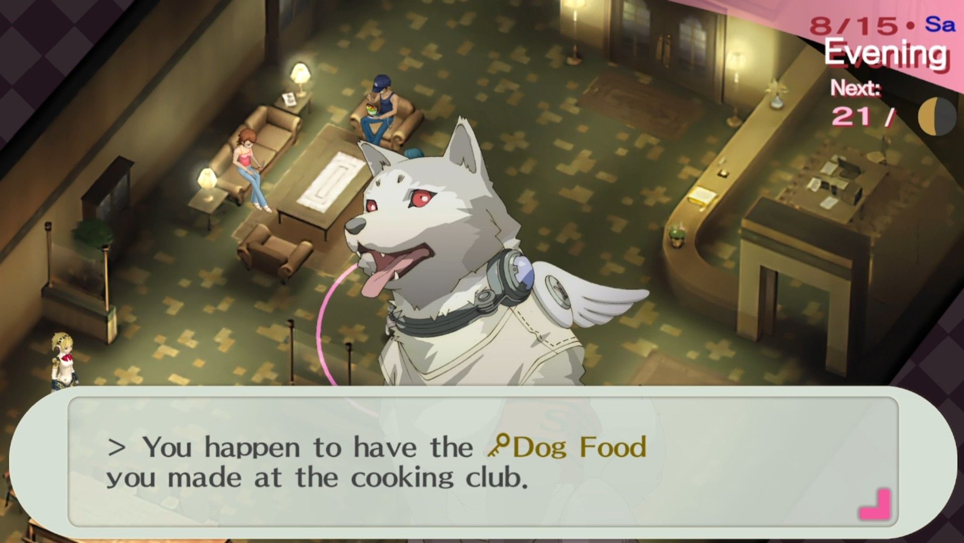 the female protagonist giving koromaru the dog food to start his social link in persona 3 portable