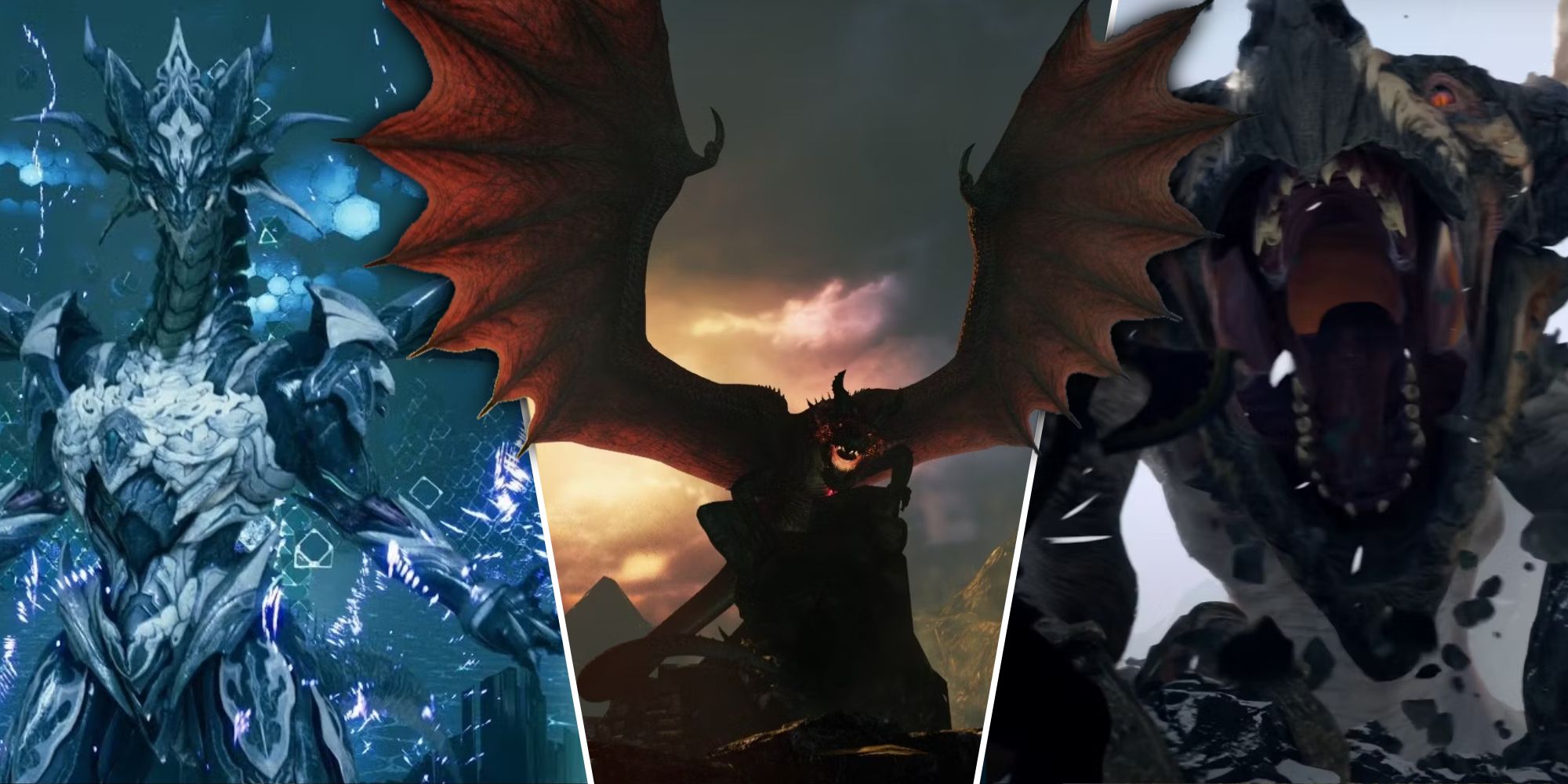 Split image of three dragons: Bahamut, Grigori, and Hraezlyr