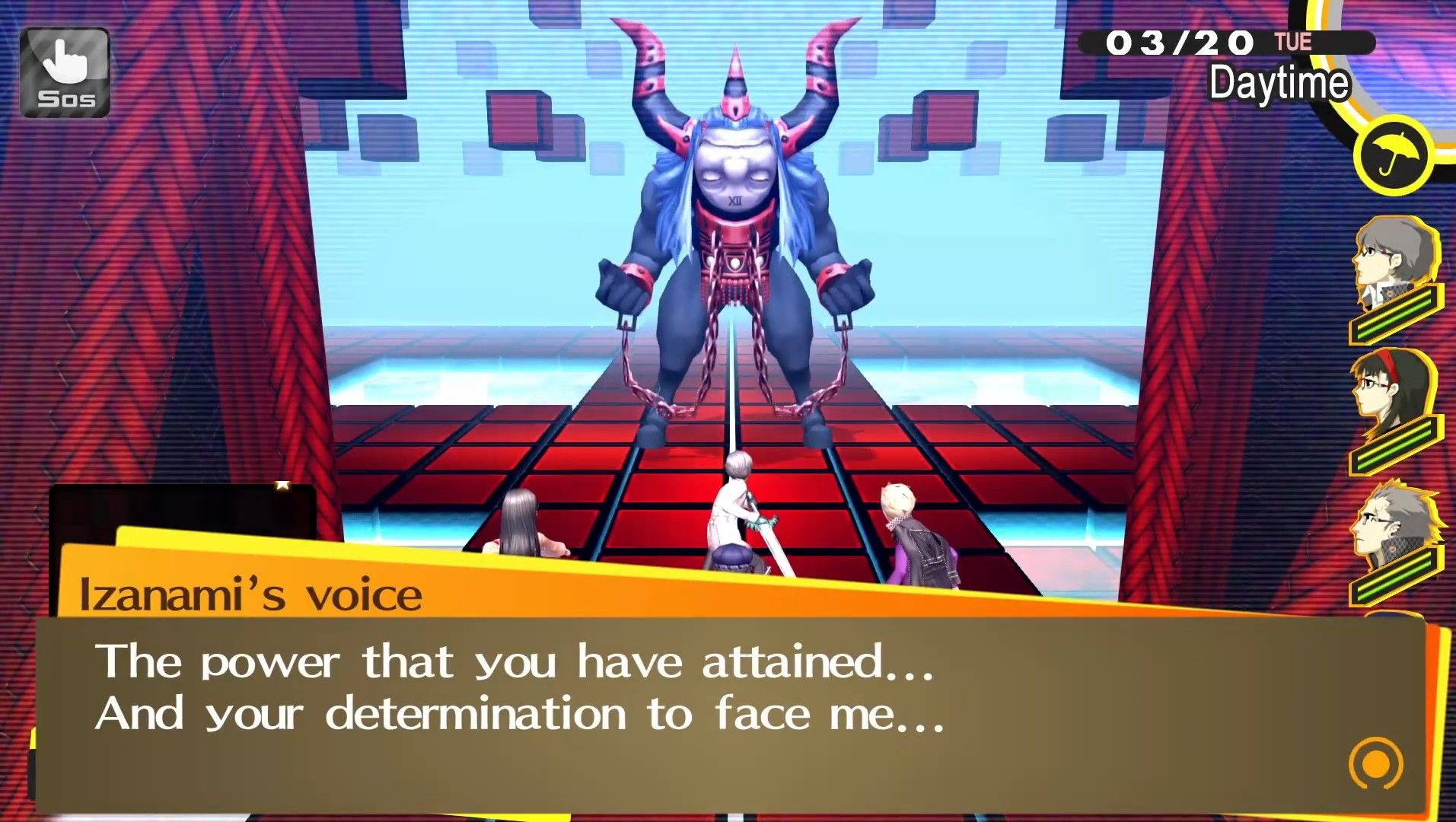 the investigation team about to face the neo minotaur mini-boss in yomotsu hirasaka in persona 4 golden