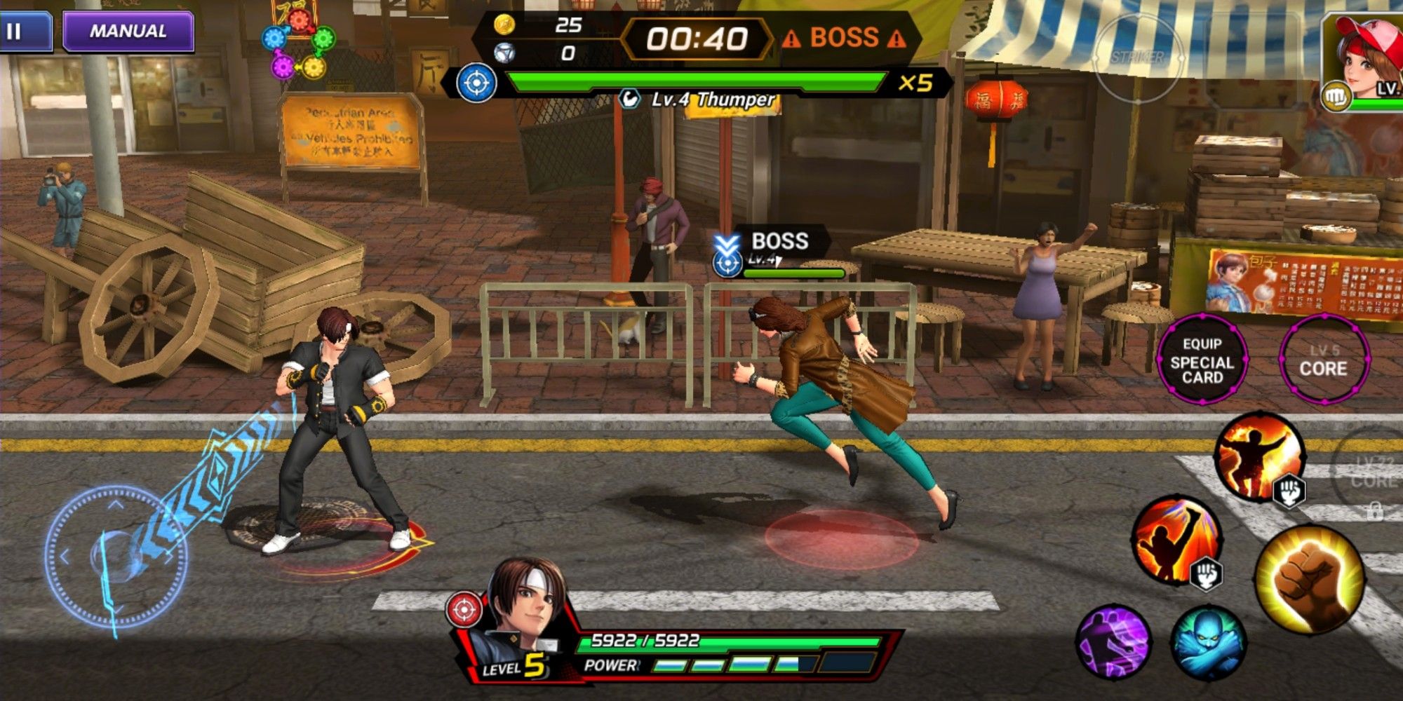 Kyo Kusanagi fighting a female boss in the streets (The King Of Fighters ALLSTAR)