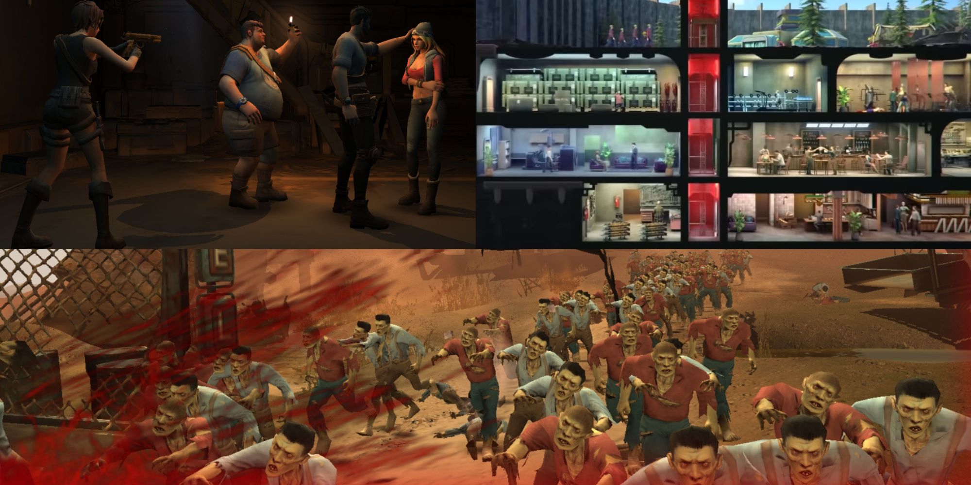 Multiple characters talking (Upper left), Fortress (Right), and multiple zombies (below) (from The Last Fortress: Underground)
