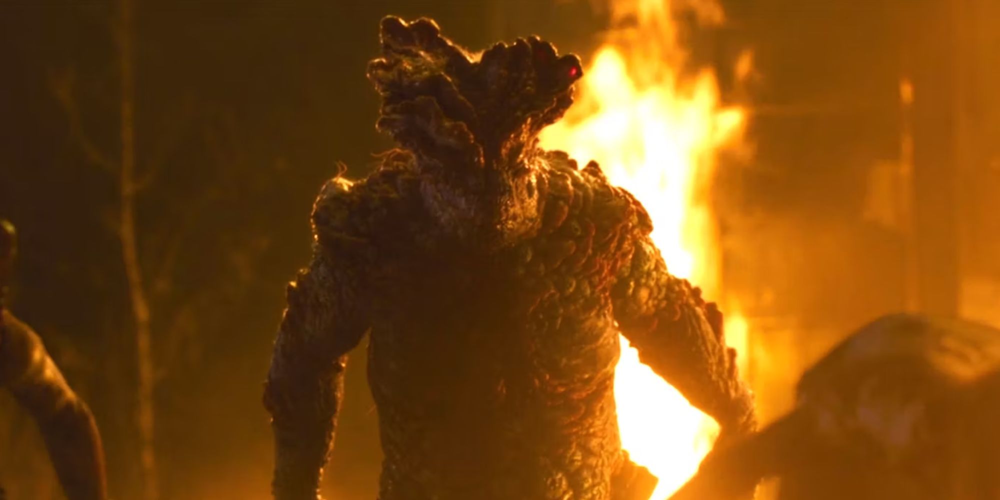 A Bloater from The Last of Us, a huge zombie. It stands in front of fire