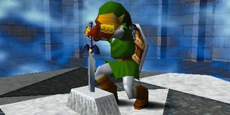 Link Pulling the Master Sword from the temple stone in The Legend Of Zelda Ocarina Of Time