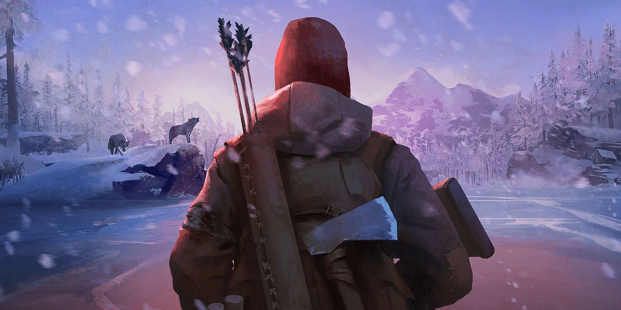 A figure poses amidst a snowy landscape in The Long Dark cover art