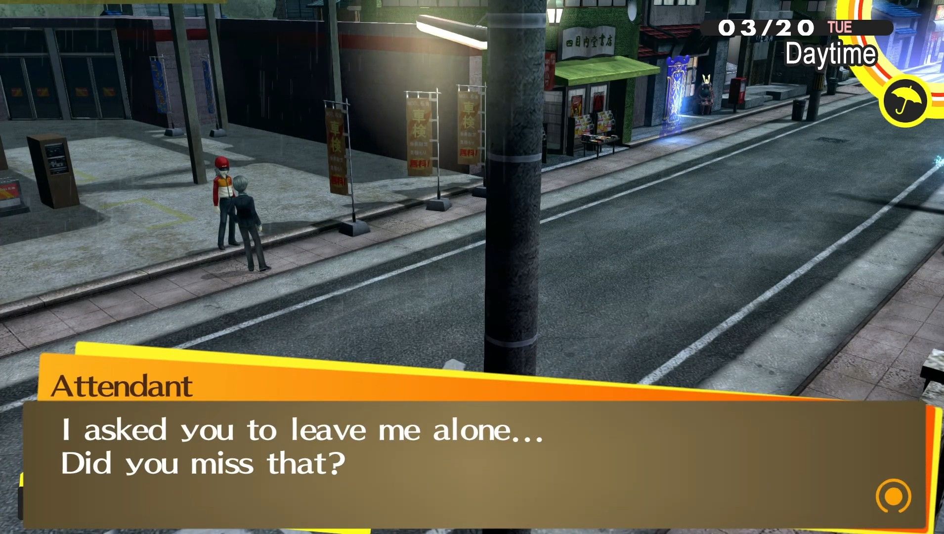 the moel gas station attendant in the central shopping district refusing to speak to yu in persona 4 golden