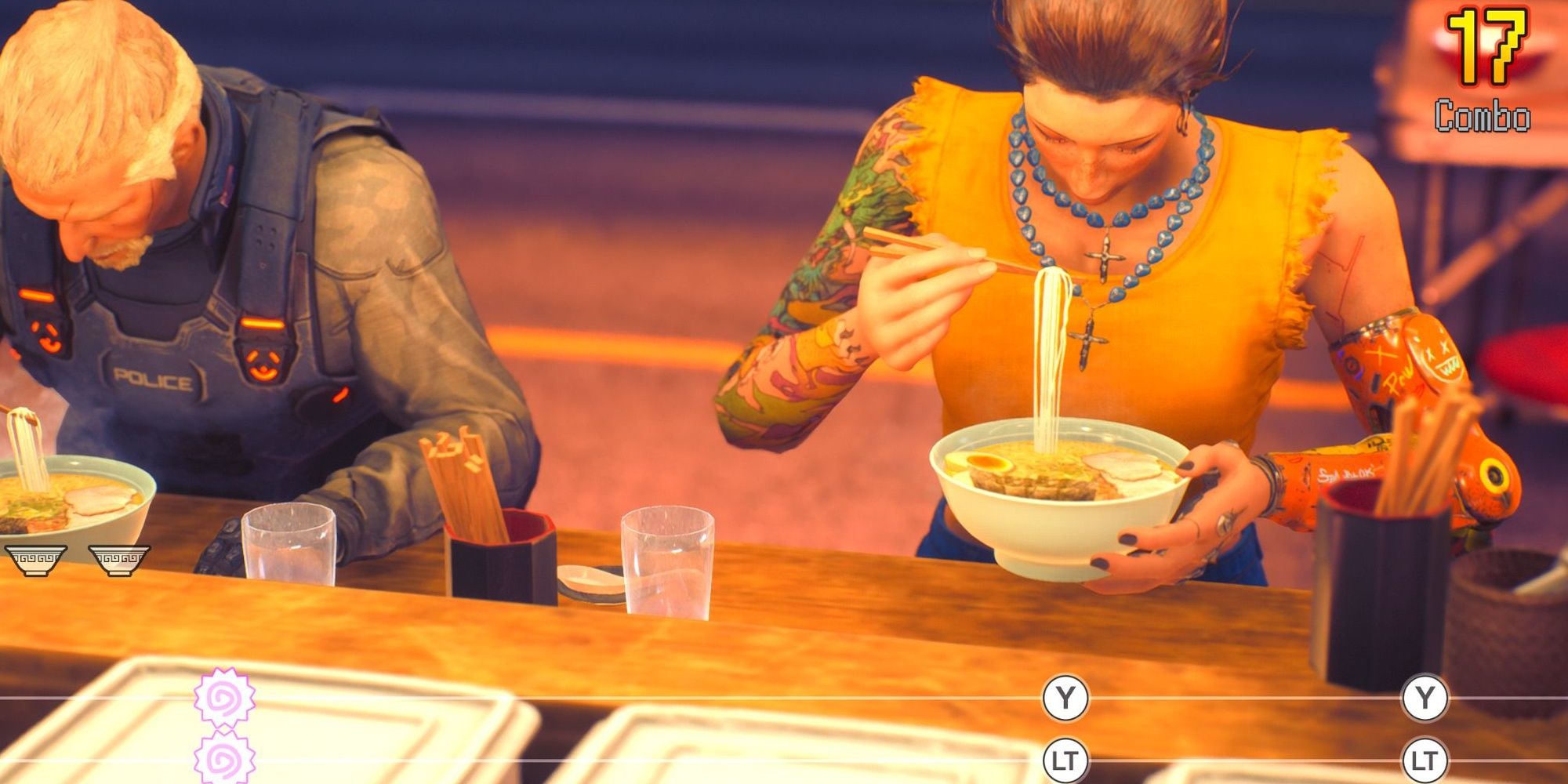 A rhythm minigame in Wanted: Dead where the protagonist and a cop are eating ramen in time to some music with a combo meter in the corner of the screen.