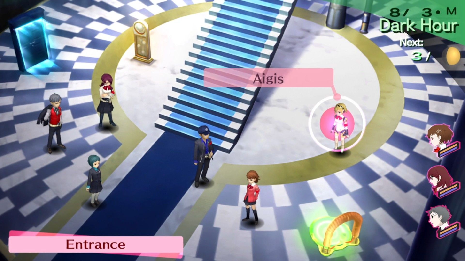 the sees team at the entrance to tartarus with aigis highlighted in persona 3 portable