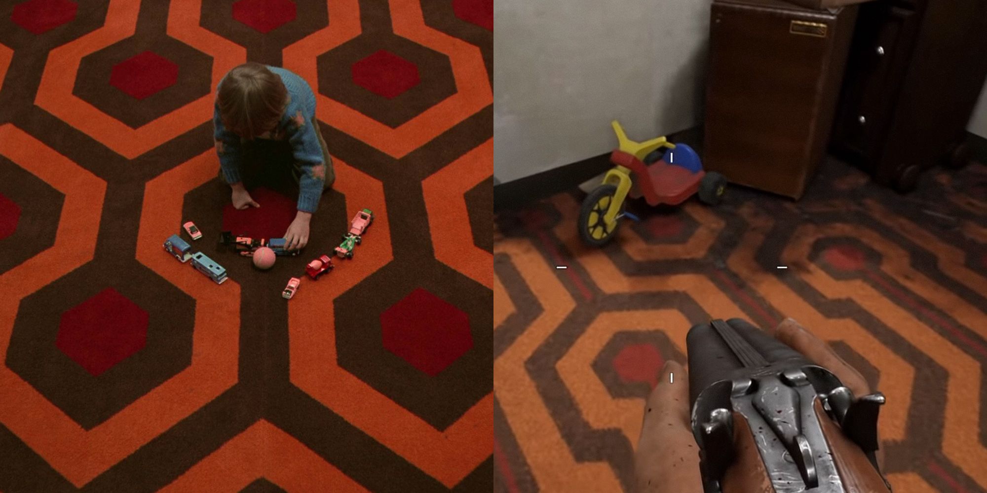 Split image with two photos. The left is of Danny on the carpet from the film The Shining. The right is the same carpet in the game Back 4 Blood.